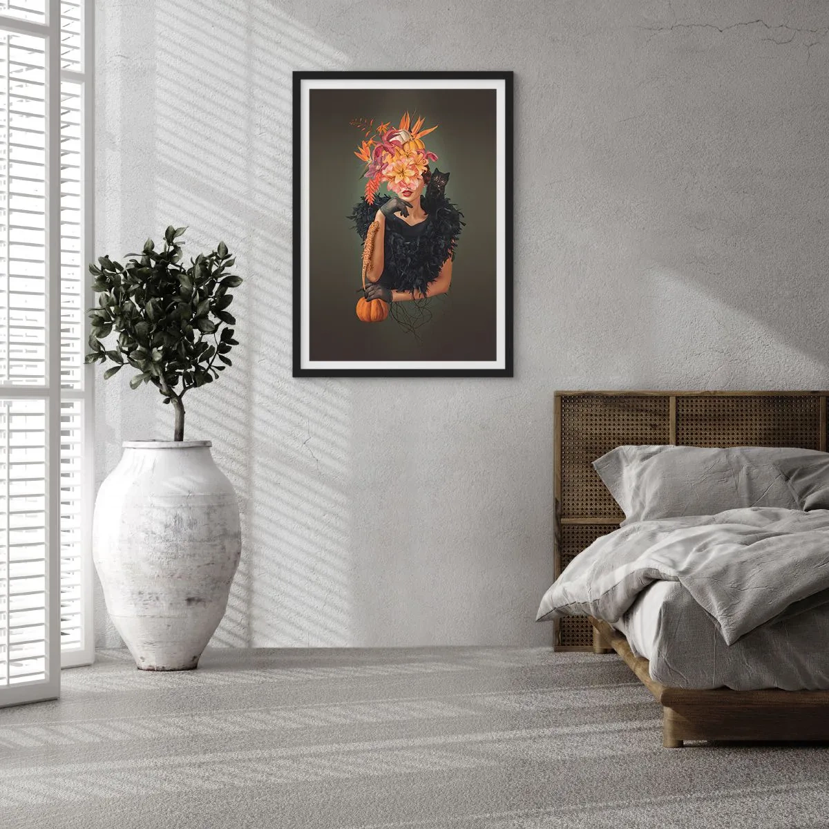 Poster în ramă neagră - Portret artistic al unei femei cu flori, un dovleac și o pisică neagră. - 50x70cm - Magia vrăjitoarei - Decorațiune modernă pentru perete pentru living și dormitor ARTTOR