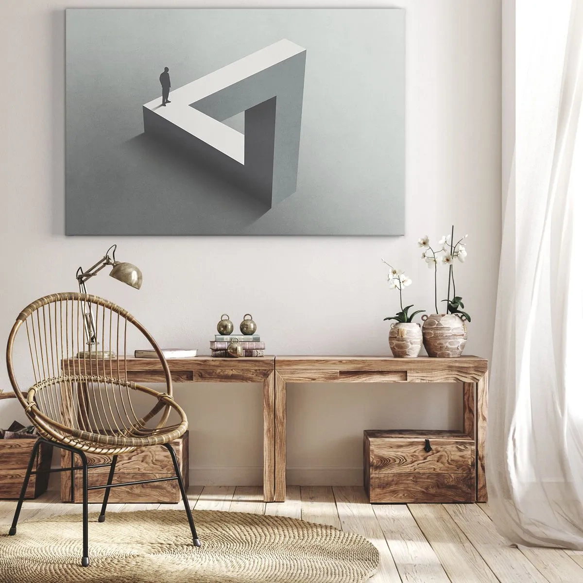Tablou pe pânză Canvas - O figură stând pe un triunghi Penrose în nuanțe de gri. - 70x50cm - Și totuși este posibil - Decorațiune modernă pentru perete pentru living și dormitor ARTTOR