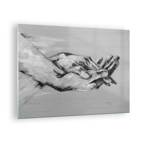 Tablou pe sticlă - Pictură alb-negru cu două mâini care se întind una spre cealaltă - 70x50cm - Începutul... - Decorațiune modernă pentru perete pentru living și dormitor ARTTOR