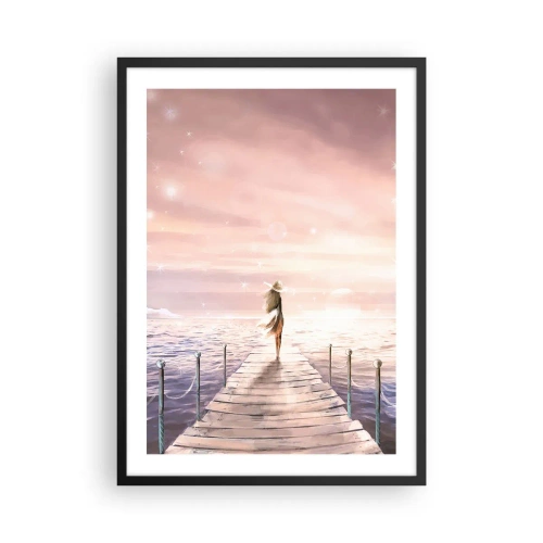 Poster în ramă neagră - Dig romantic la apus cu o femeie cu pălărie - 50x70cm - În lumina unui vis - Decorațiune modernă pentru perete pentru living și dormitor ARTTOR