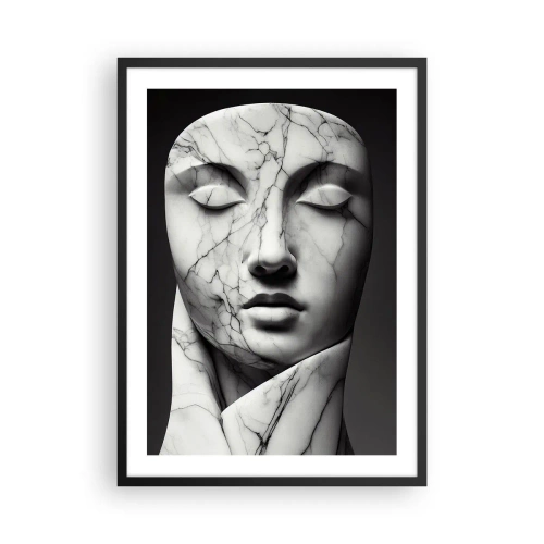 Poster în ramă neagră - Față de sculptură din marmură cu ochii închiși pe fundal negru - 50x70cm - Forme de marmură - Decorațiune modernă pentru perete pentru living și dormitor ARTTOR