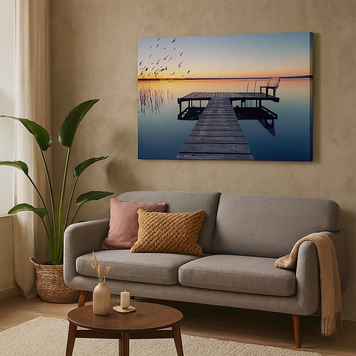 Tablou pe pânză Canvas - Dig de lemn pe un lac la răsăritul soarelui cu păsări - 70x50cm - A fost o zi bună - Decorațiune modernă pentru perete pentru living și dormitor ARTTOR