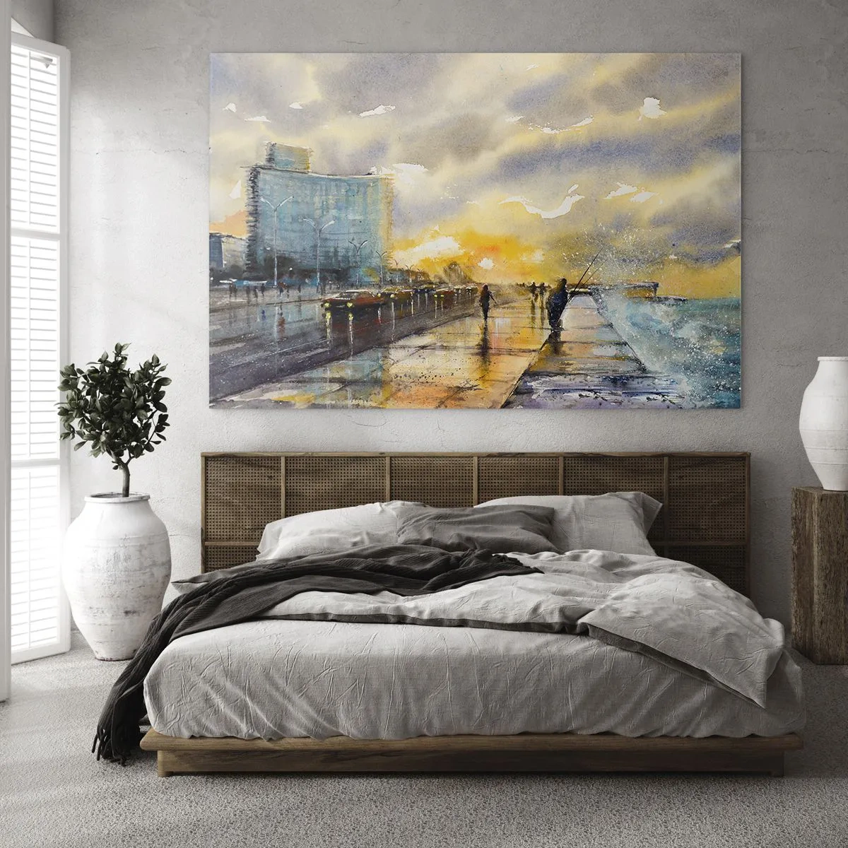 Tablou pe sticlă - Oraș de coastă în acuarelă cu apus de soare - 70x50cm - Viața pe țărm - Decorațiune modernă pentru perete pentru living și dormitor ARTTOR