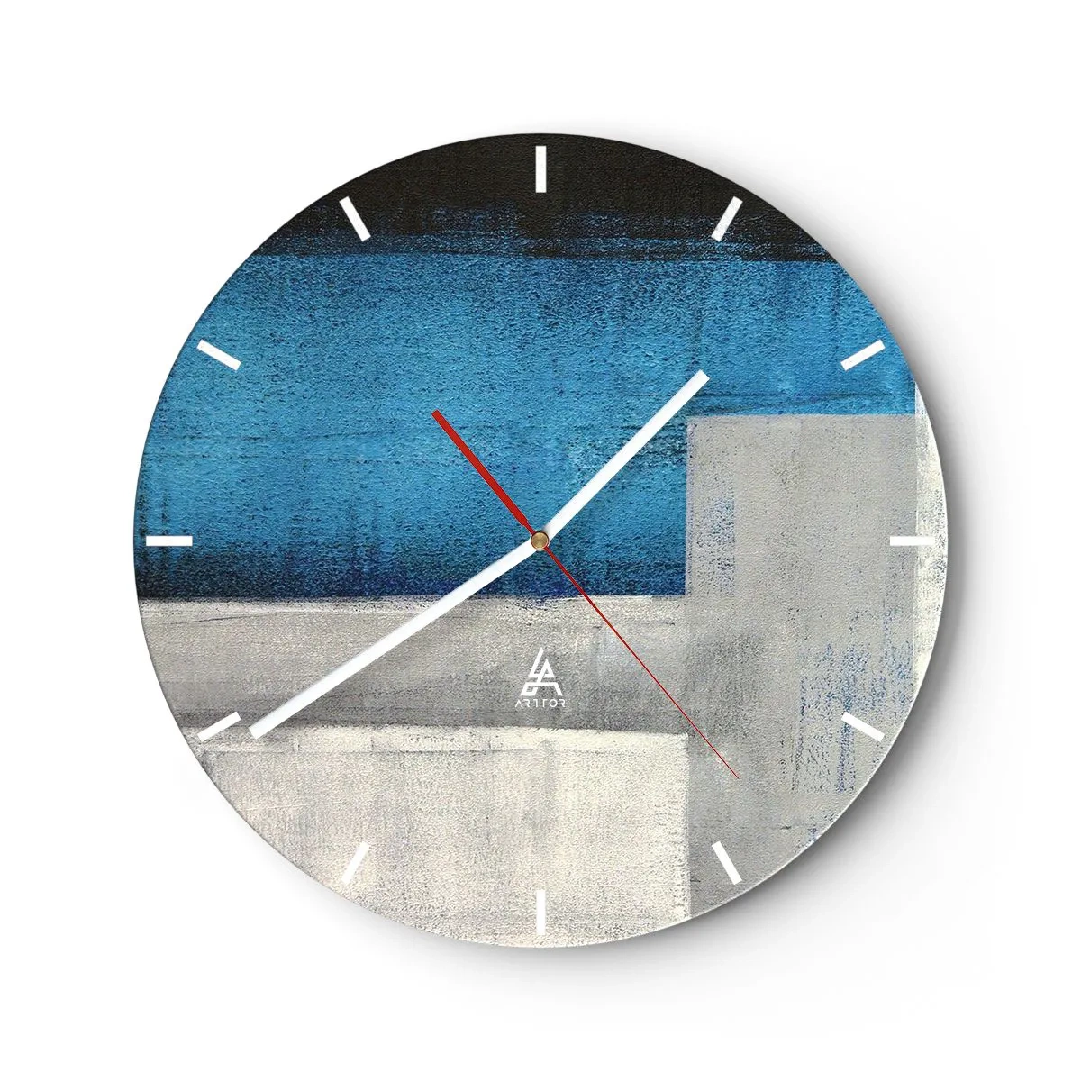 Ceas de perete - Ceas pe sticlă - Compoziție abstractă cu tonuri de albastru și gri - 30x30cm - Compoziție poetică de gri și albastru - Decorațiune modernă pentru perete pentru living, bucătărie și dormitor ARTTOR