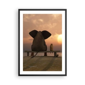 Poster în ramă neagră - Elefant și câine pe o bancă la apus - 50x70cm - Este bine să tăcem împreună - Decorațiune modernă pentru perete pentru living și dormitor ARTTOR