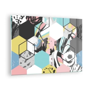 Tablou pe sticlă - Cuburi și hexagoane colorate într-o compoziție modernă - 70x50cm - Hexagoane și cuburi în șase culori - Decorațiune modernă pentru perete pentru living și dormitor ARTTOR