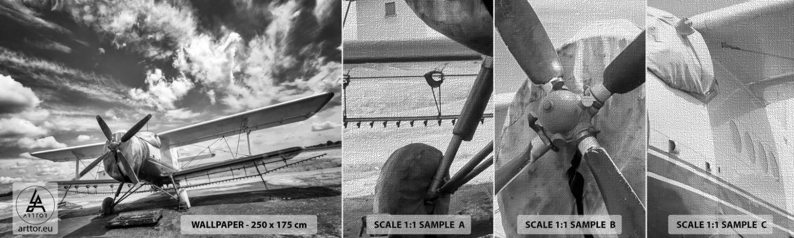 Mostră tapet Premium Canvas - Abia aștept! - Avion, Avioane, alb-negru - 100x30 cm