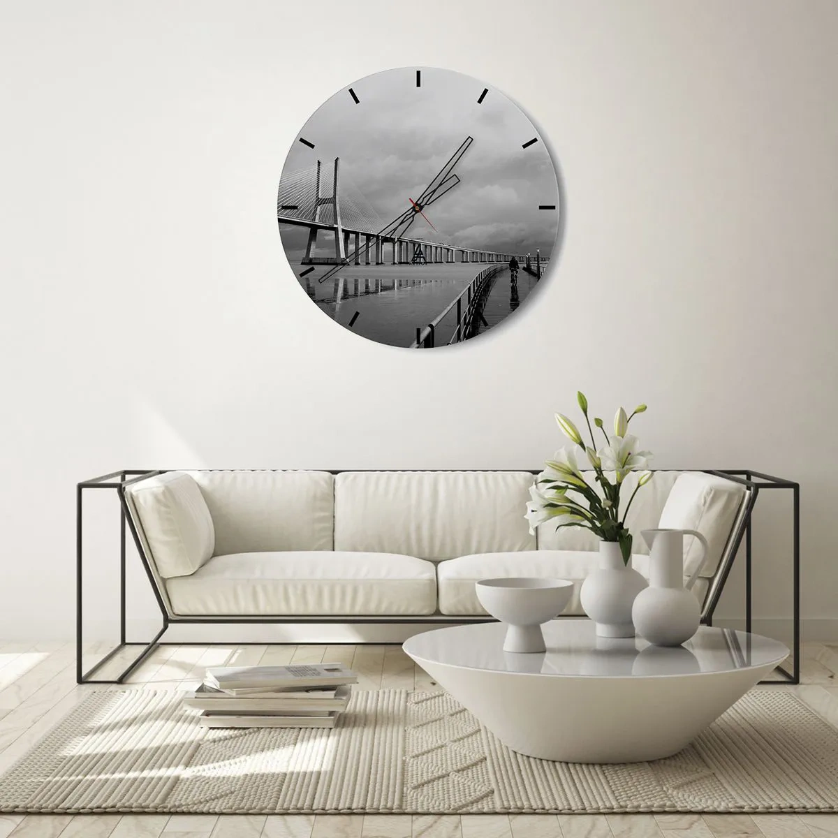 Ceas de perete - Ceas pe sticlă - Un pod cu un biciclist pe potecă într-o zi ploioasă - 30x30cm - Pentru fiecare ceva - Decorațiune modernă pentru perete pentru living, bucătărie și dormitor ARTTOR