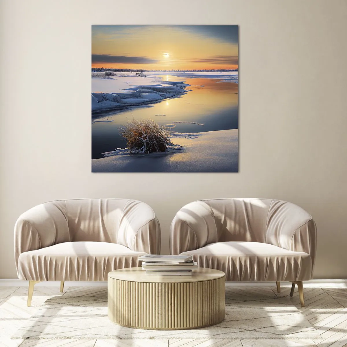 Tablou pe sticlă - Apus de soare pe timp de iarnă - 30x30 cm