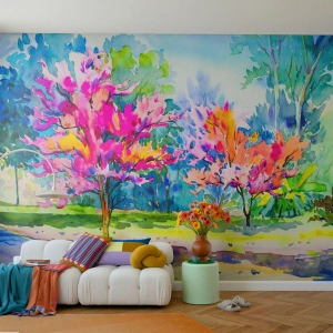 Tapet Premium Sand - Grădina curcubeului în splendoarea primăverii - Parc, Copaci, Natură - 100x70 cm