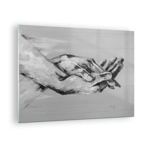 Tablou pe sticlă - Pictură alb-negru cu două mâini care se întind una spre cealaltă - 70x50cm - Începutul... - Decorațiune modernă pentru perete pentru living și dormitor ARTTOR