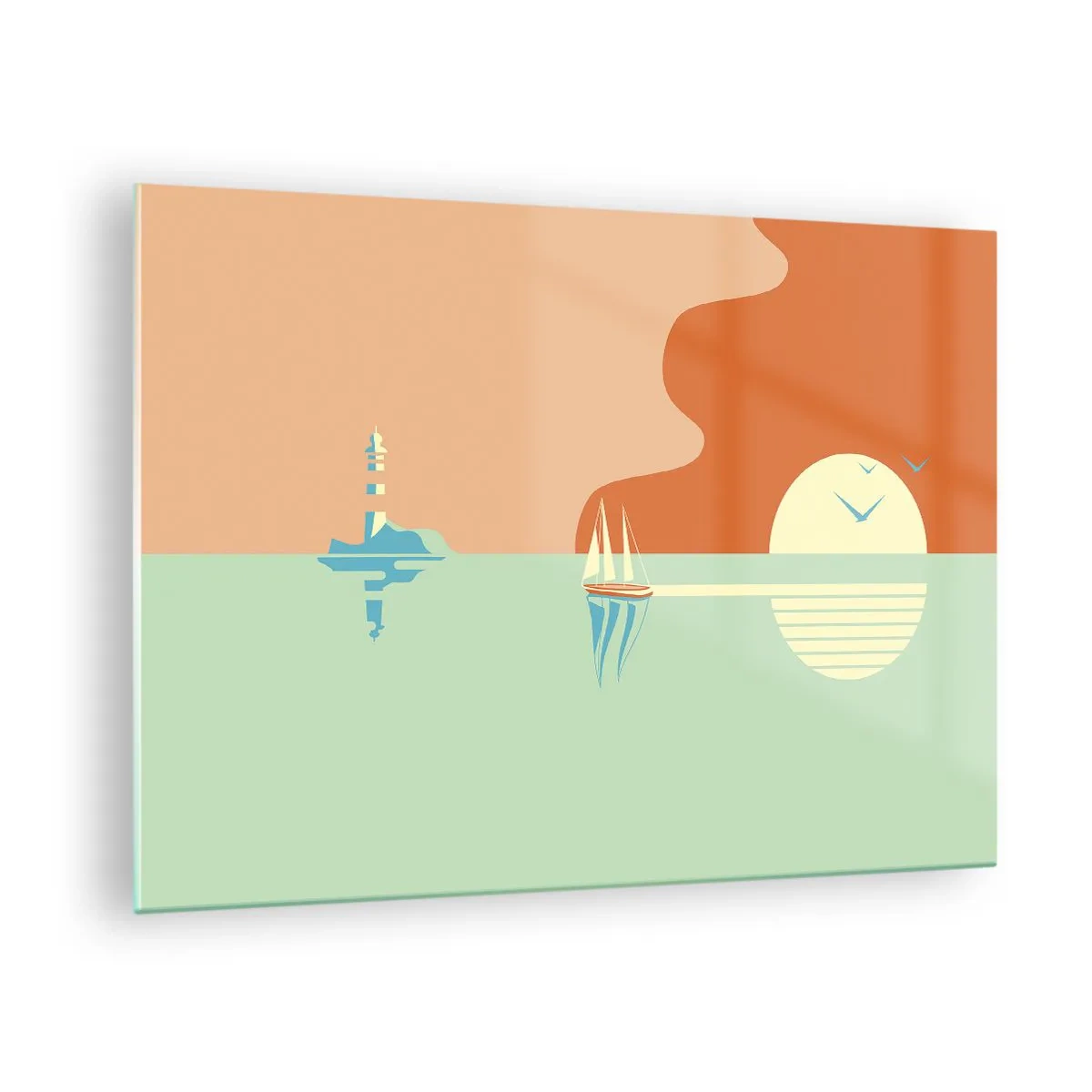 Tablou pe sticlă - Un apus de soare minimalist cu o barcă cu pânze și un far - 70x50cm - Peisaj marin perfect - Decorațiune modernă pentru perete pentru living și dormitor ARTTOR