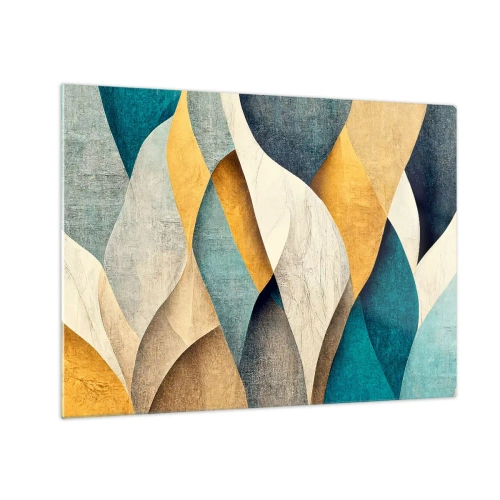 Tablou pe sticlă - Forme abstracte în nuanțe de galben și albastru - 70x50cm - Ritm și ondulare - Decorațiune modernă pentru perete pentru living și dormitor ARTTOR