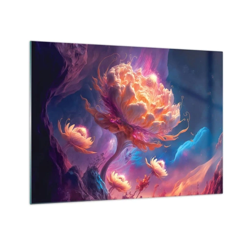 Tablou pe sticlă - O floare fantastică plutind într-un cadru cosmic - 70x50cm - O altă lume - Decorațiune modernă pentru perete pentru living și dormitor ARTTOR