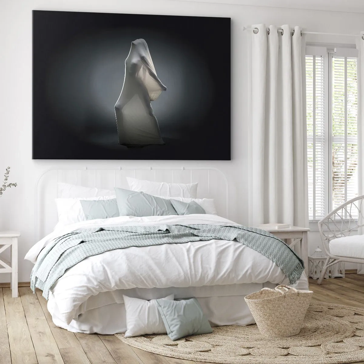 Tablou pe pânză Canvas - O figură în material textil alb pe un fundal întunecat - 70x50cm - Dorințe ascunse - Decorațiune modernă pentru perete pentru living și dormitor ARTTOR