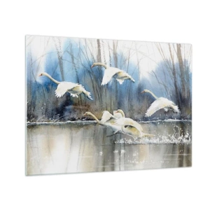 Tablou pe sticlă - lebede sălbatice zburând peste un lac liniștit din pădure - 70x50cm - Dansând cu lebedele sălbatice - Decorațiune modernă pentru perete pentru living și dormitor ARTTOR