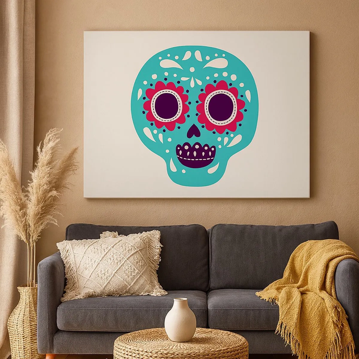 Tablou pe pânză Canvas - Un craniu de zahăr turcoaz și violet inspirat de cultura mexicană - 70x50cm - Viața - distracție până la moarte - Decorațiune modernă pentru perete pentru living și dormitor ARTTOR