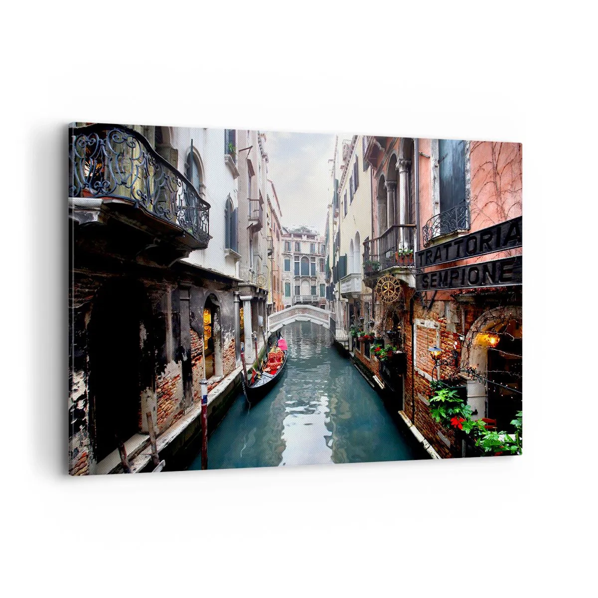 Tablou pe pânză - Peisaj venețian cu gondolă și pod - 120x80 cm