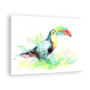 Tablou pe sticlă - Un tucan colorat într-un peisaj în acuarelă cu frunze - 70x50cm - Colorată ca America de Sud - Decorațiune modernă pentru perete pentru living și dormitor ARTTOR