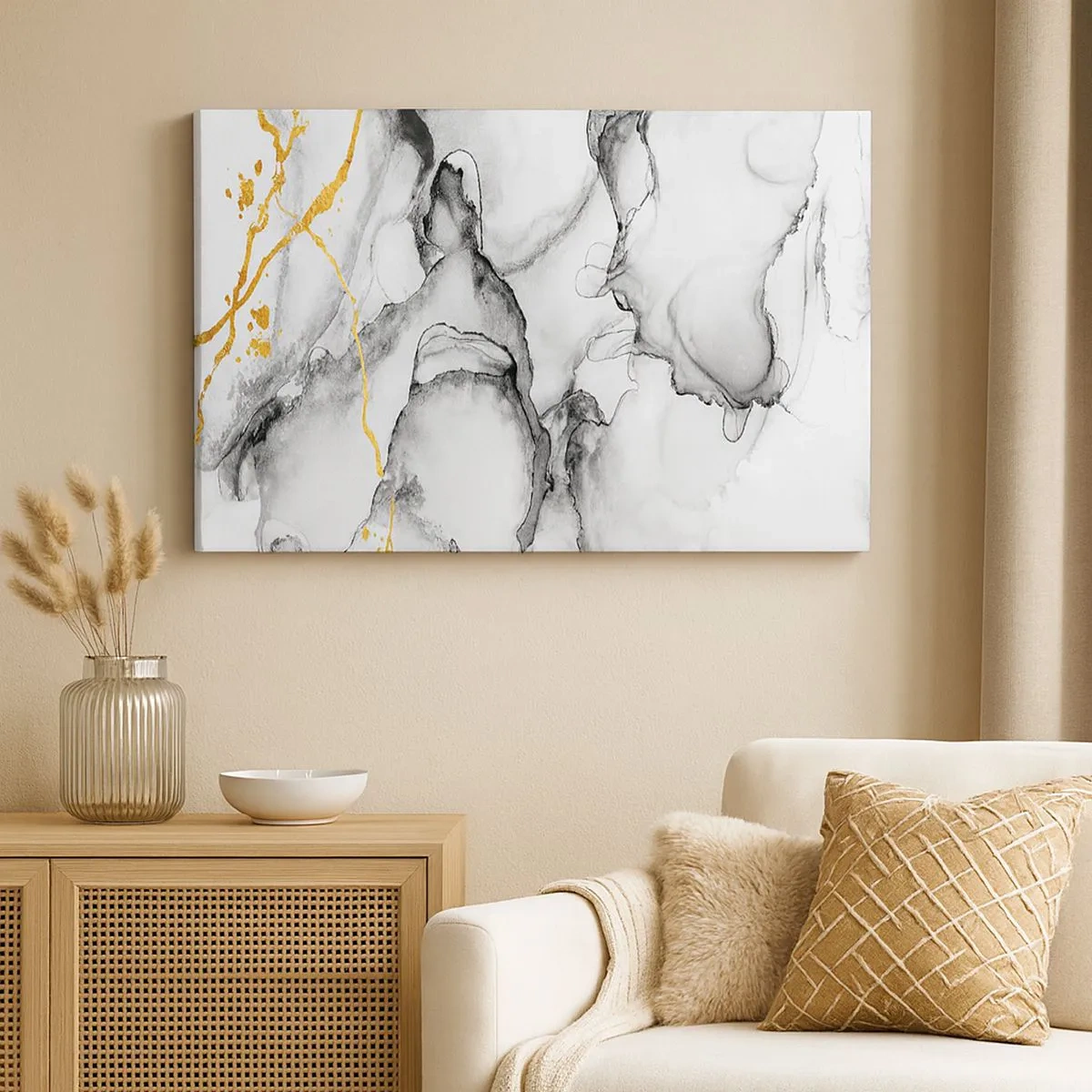 Tablou pe pânză Canvas - Modele abstracte alb-negru cu accente aurii - 70x50cm - Compoziție cu motiv auriu - Decorațiune modernă pentru perete pentru living și dormitor ARTTOR
