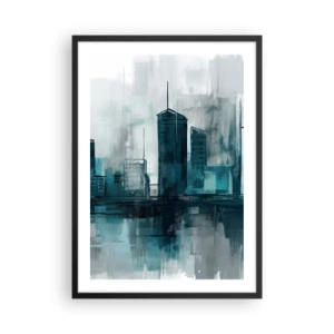 Poster în ramă neagră - O panoramă a orașului modern în nuanțe de albastru - 50x70cm - Un oraș de culoarea ploii - Decorațiune modernă pentru perete pentru living și dormitor ARTTOR