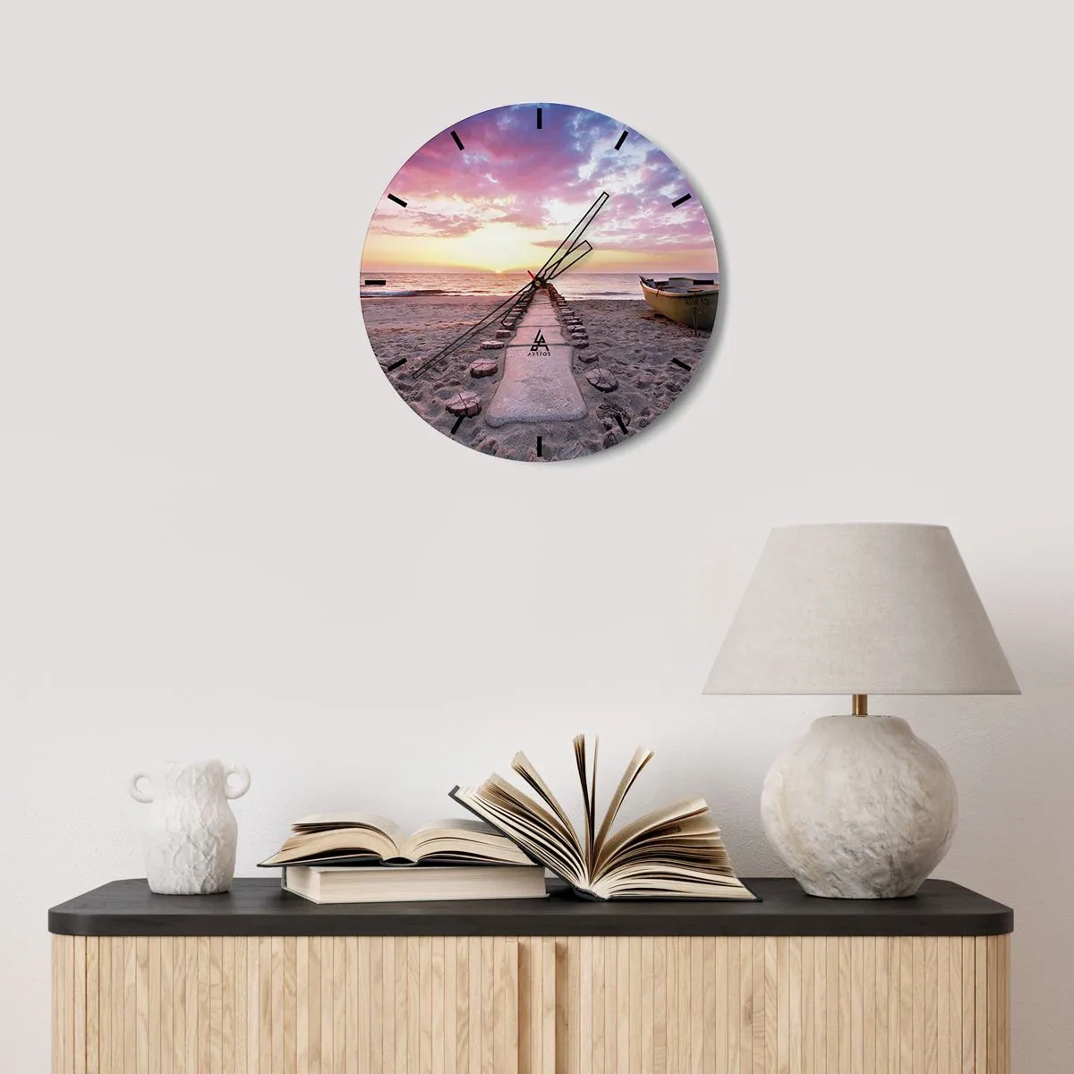Ceas de perete - Ceas pe sticlă - Calea de plajă care duce spre apus - 30x30cm - Un moment de experiență profundă - Decorațiune modernă pentru perete pentru living, bucătărie și dormitor ARTTOR