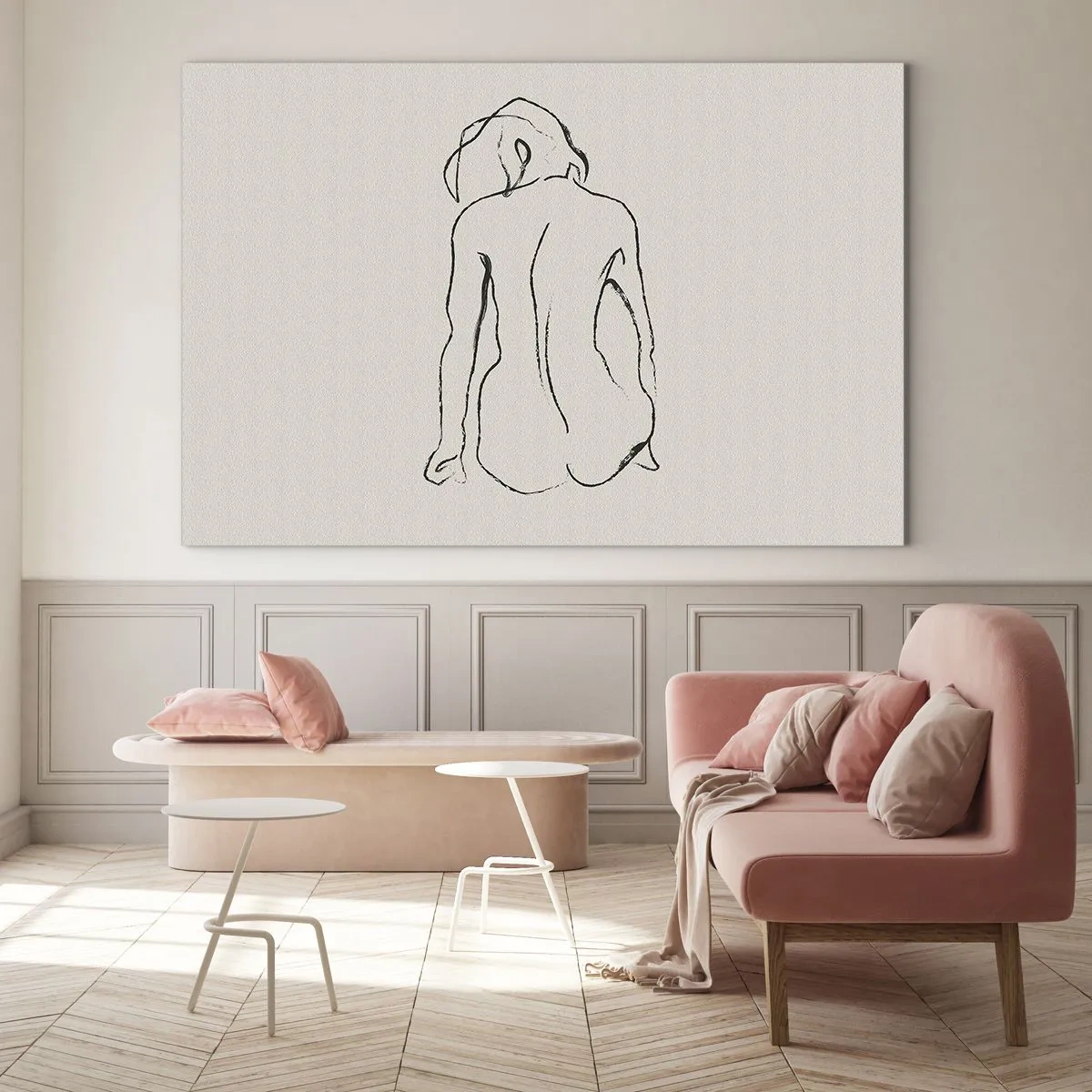 Tablou pe sticlă - O schiță delicată a unei femei așezate, desenată cu negru pe un fundal deschis la culoare. - 70x50cm - Nud de fată - Decorațiune modernă pentru perete pentru living și dormitor ARTTOR