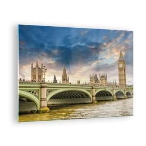 Tablou pe sticlă - Big Ben și Podul Westminster la apus - 70x50cm - Timpul s-a oprit în Imperiu - Decorațiune modernă pentru perete pentru living și dormitor ARTTOR