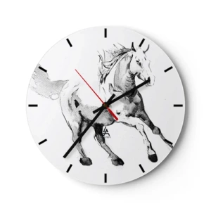 Ceas de perete - Ceas pe sticlă - Schiță a unui cal în galop pe fundal alb - 30x30cm - Suflet neîmblânzit - Decorațiune modernă pentru perete pentru living, bucătărie și dormitor ARTTOR
