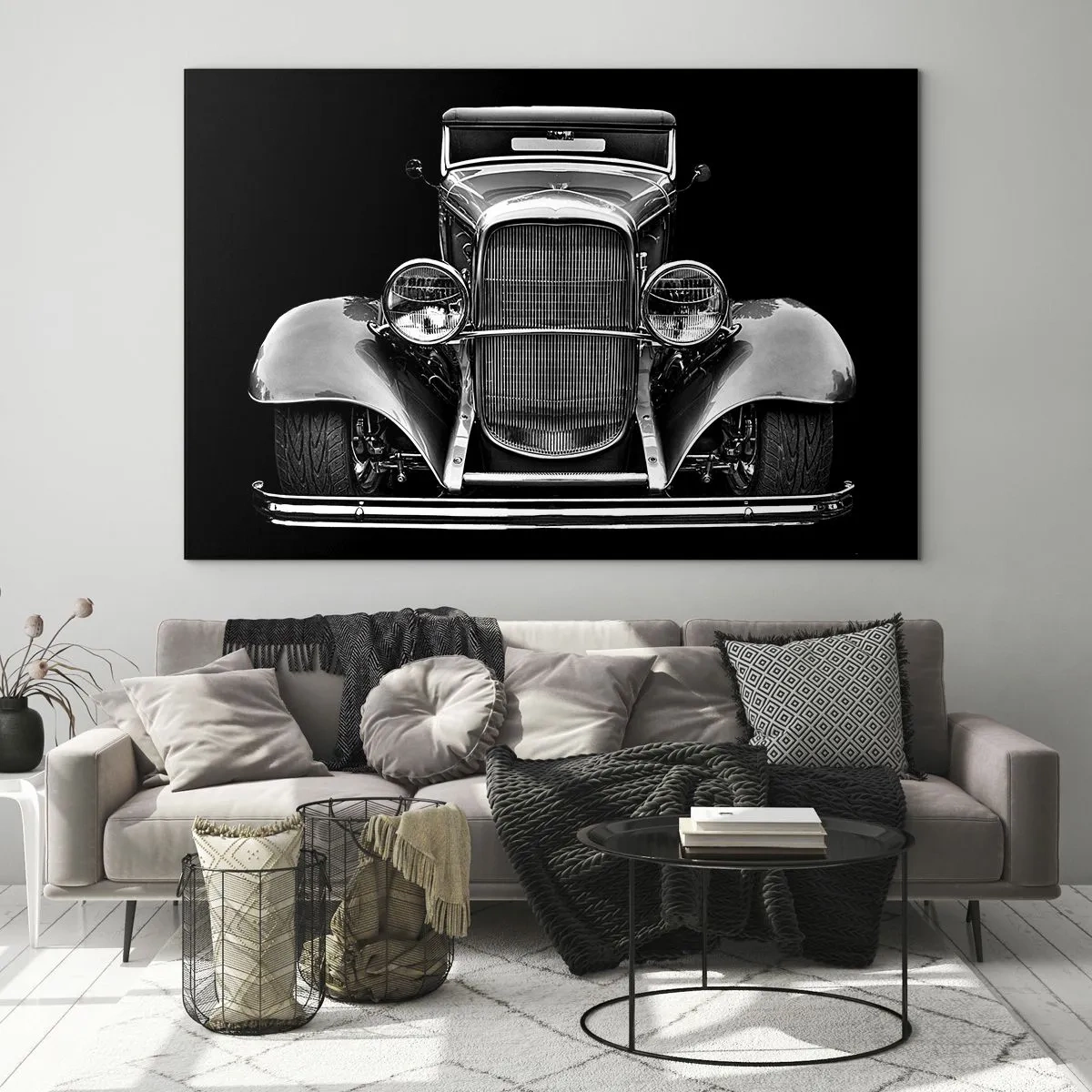 Tablou pe sticlă - O vedere frontală a unei mașini retro de epocă - 70x50cm - Un adevărat gentleman - Decorațiune modernă pentru perete pentru living și dormitor ARTTOR