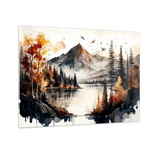 Tablou pe sticlă - Peisaj montan de toamnă cu lac și pădure - 70x50cm - Toamna de aur în munți - Decorațiune modernă pentru perete pentru living și dormitor ARTTOR