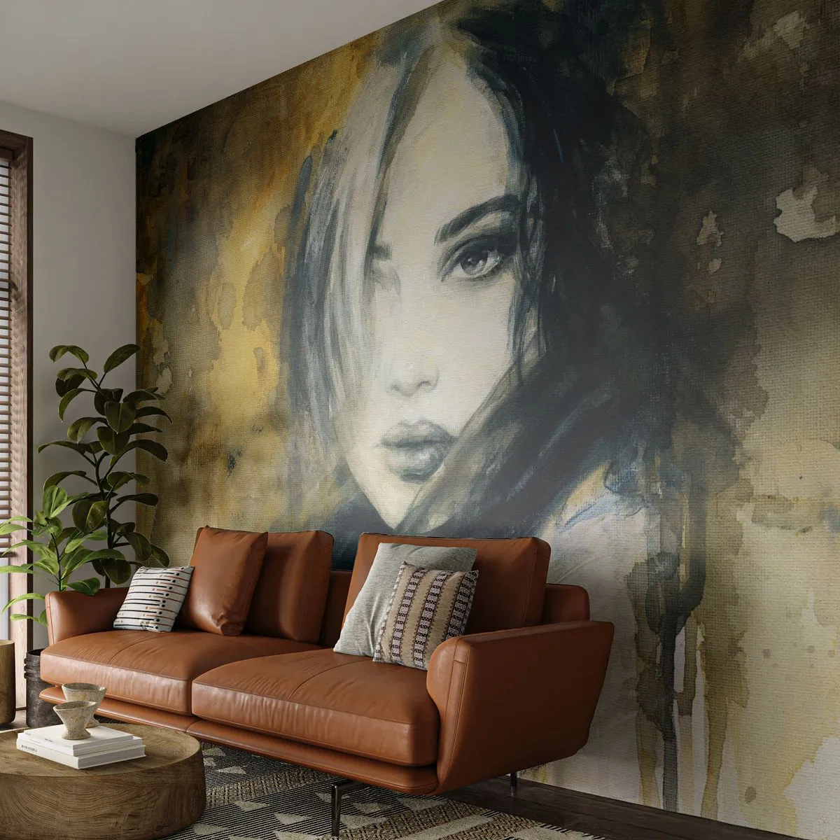 Tapet Premium Sand - Mai inocentă sau mai senzuală? - Portretul unei femei, Chipul de femeie, Grafică - 400x280 cm