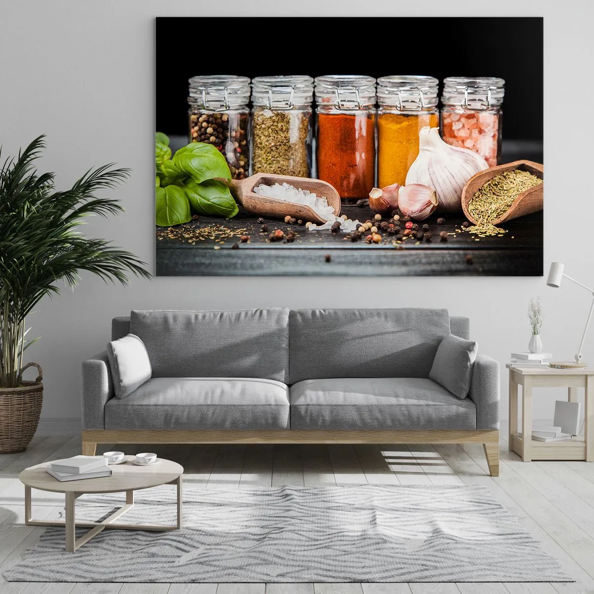 Tablou pe sticlă - Condimente colorate în borcane pe un fundal întunecat - 70x50cm - Pentru a da un gust vieții - Decorațiune modernă pentru perete pentru living și dormitor ARTTOR