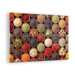 Tablou pe sticlă - O compoziție de diverse condimente în boluri de lemn - 70x50cm - Toate gusturile lumii - Decorațiune modernă pentru perete pentru living și dormitor ARTTOR