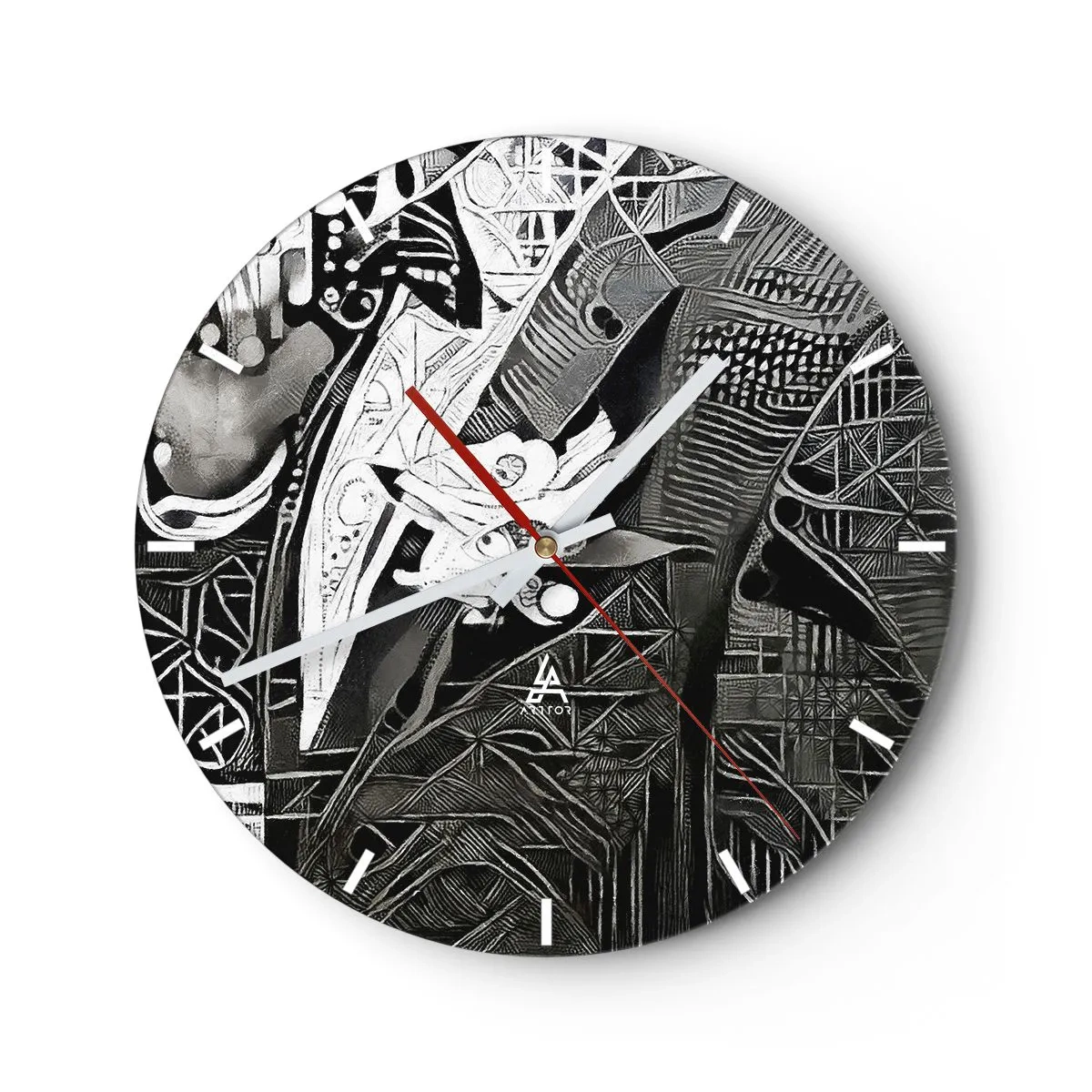 Ceas de perete - Ceas pe sticlă - Abstracție alb-negru cu modele geometrice complexe - 30x30cm - Doar un om aparent gri - Decorațiune modernă pentru perete pentru living, bucătărie și dormitor ARTTOR