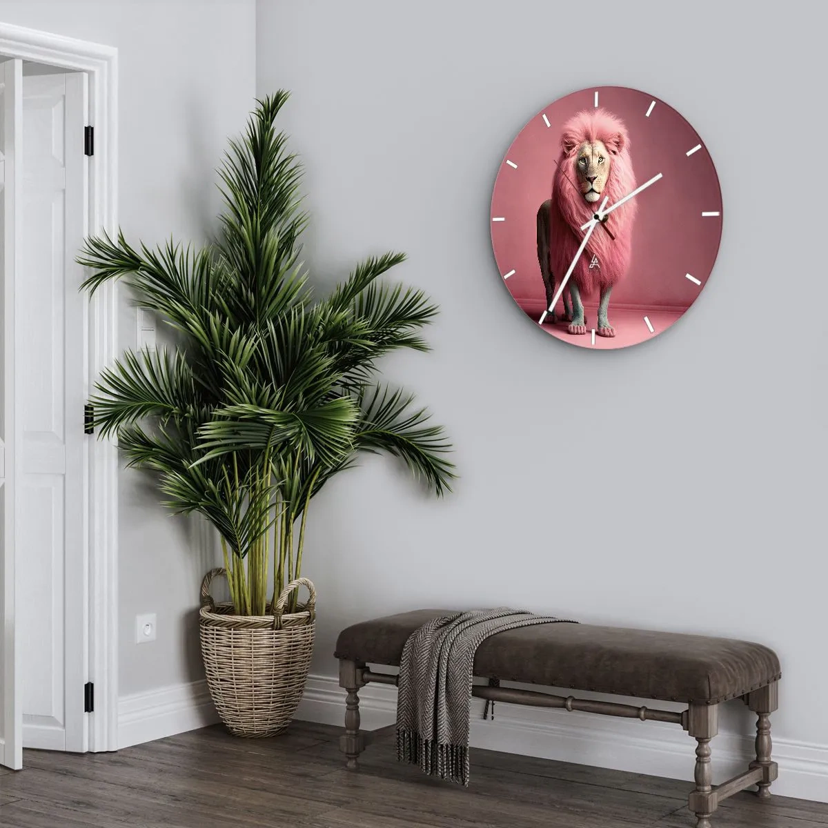 Ceas de perete - Ceas pe sticlă - Un leu cu o coamă roz intens pe un fundal de aceeași culoare - 30x30cm - Și nu-ți mai este frică - Decorațiune modernă pentru perete pentru living, bucătărie și dormitor ARTTOR