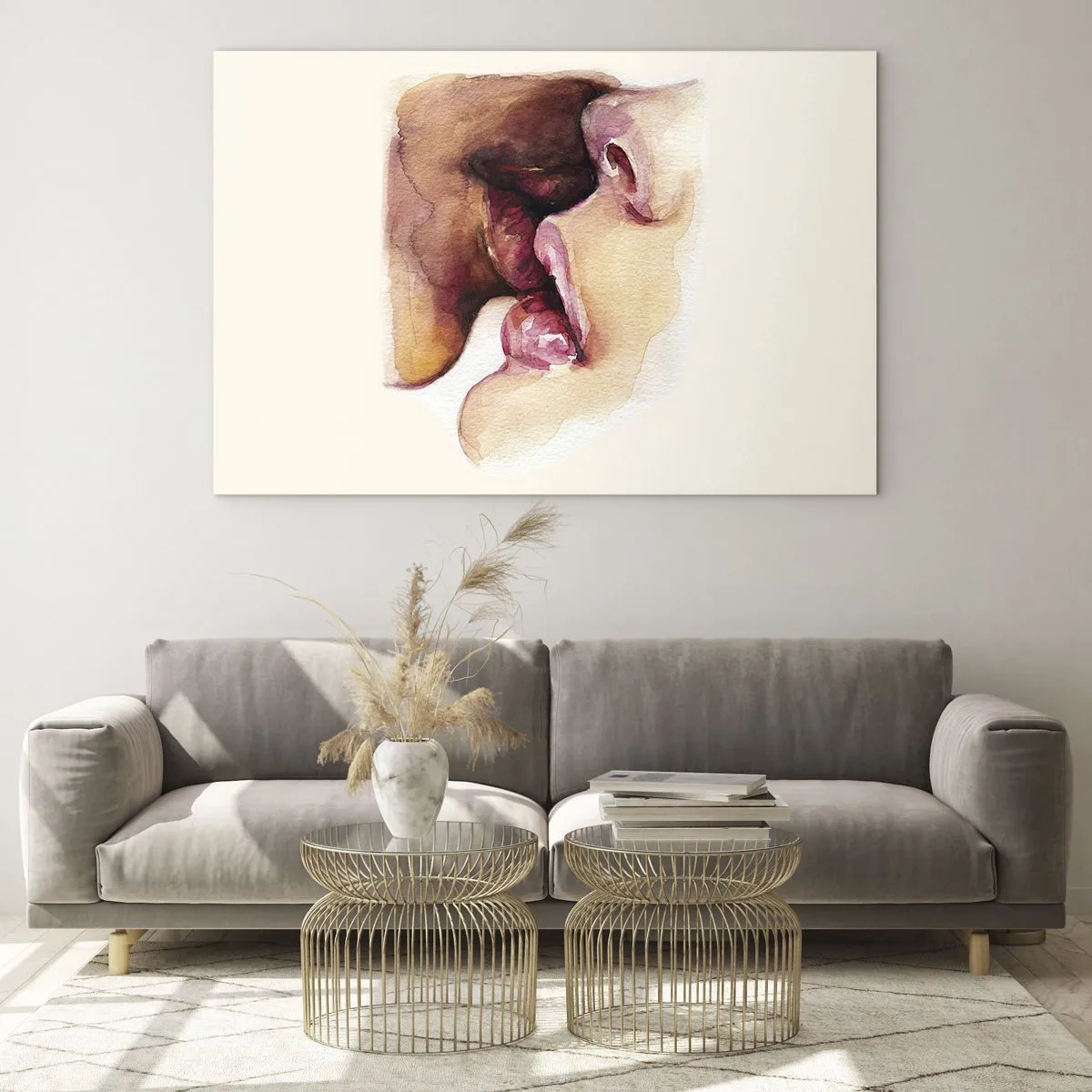 Tablou pe sticlă - Sărut artistic în acuarelă a două fețe pe un fundal deschis - 70x50cm - Ca ziua și noaptea, ca cerul și pământul - Decorațiune modernă pentru perete pentru living și dormitor ARTTOR