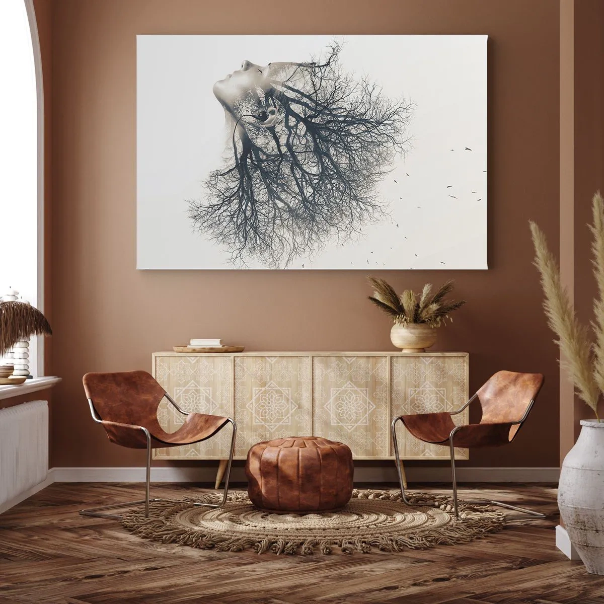 Tablou pe pânză Canvas - Siluetă creativă a unei femei și a copacilor - 70x50cm - Ascultând șoapta copacului - Decorațiune modernă pentru perete pentru living și dormitor ARTTOR