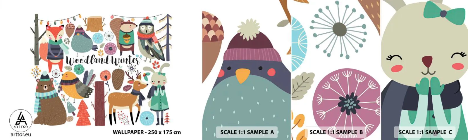 Mostră tapet autocolant Deluxe Sticker - Un Crăciun de basm în pădure - Pentru copii, Iarnă În Pădure, Animale - 100x30 cm