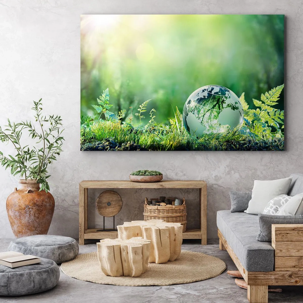 Tablou pe pânză Canvas - Un glob de cristal printre verdeața naturii - 70x50cm - Planeta verde - Decorațiune modernă pentru perete pentru living și dormitor ARTTOR