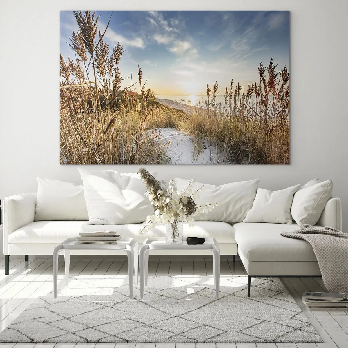 Tablou pe sticlă - Apus de soare peste o plajă cu dune acoperite de iarbă - 70x50cm - Plaja de nord - Decorațiune modernă pentru perete pentru living și dormitor ARTTOR