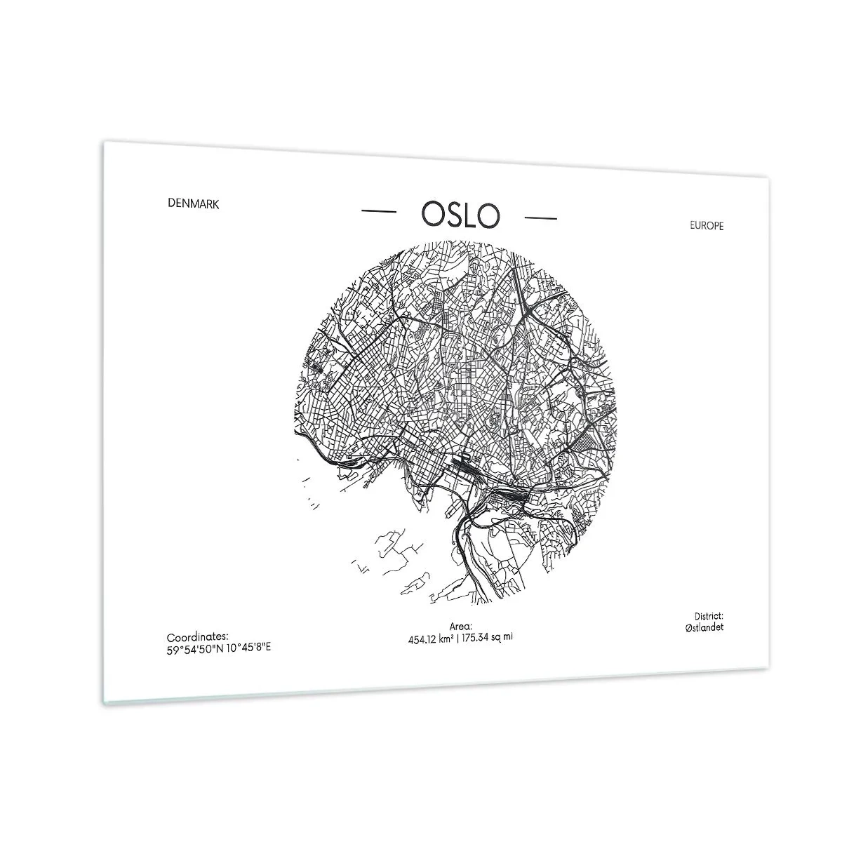 Tablou pe sticlă - Harta orașului Oslo în stil grafic alb-negru - 70x50cm - Anatomia Oslo - Decorațiune modernă pentru perete pentru living și dormitor ARTTOR