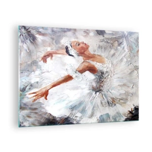 Tablou pe sticlă - O balerină într-o ținută albă, într-o poză dinamică - 70x50cm - Moale și ușoară ca tulul - Decorațiune modernă pentru perete pentru living și dormitor ARTTOR