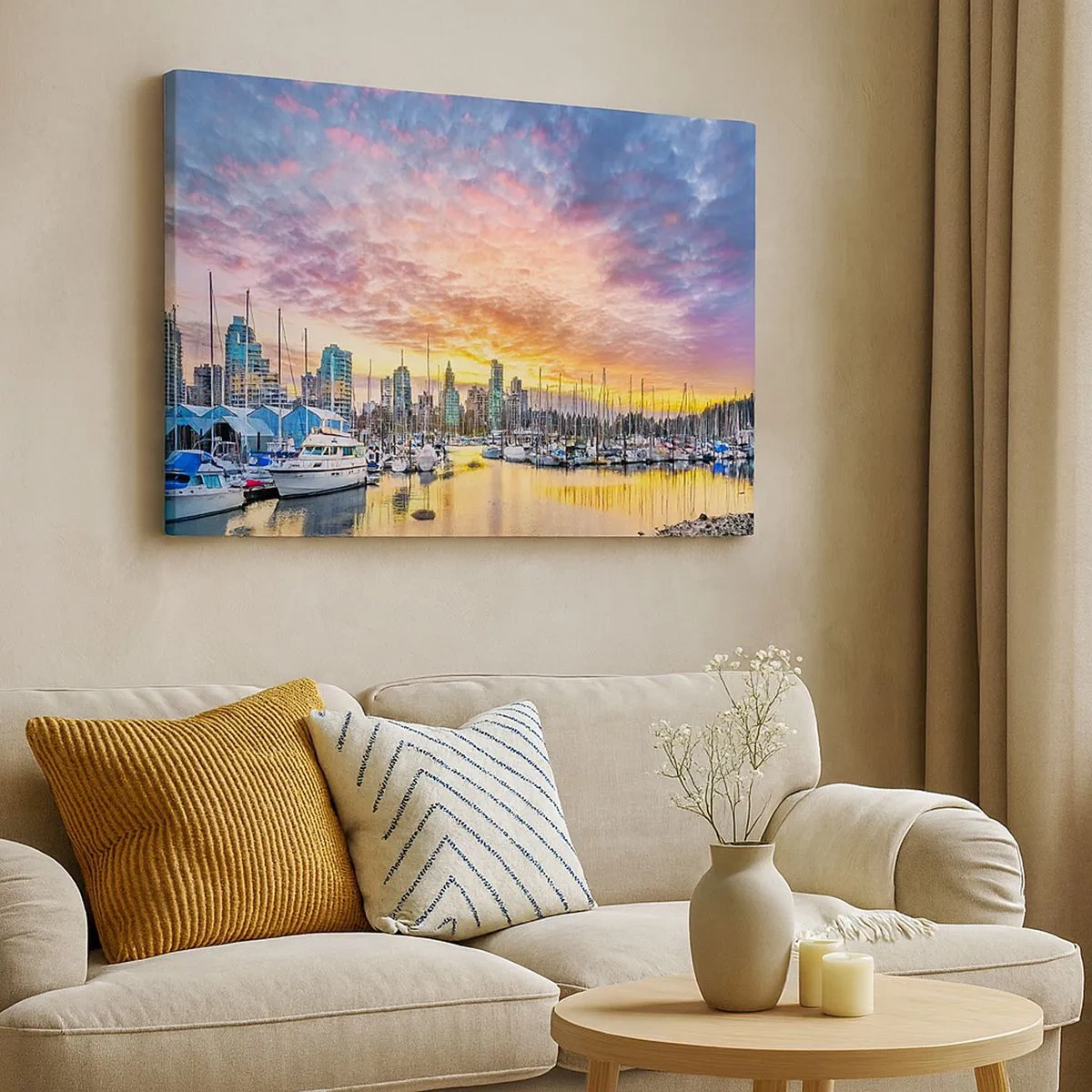 Tablou pe pânză Canvas - Marina cu iahturi și peisaj urban la apus - 70x50cm - Orașul celor o mie de marinari - Decorațiune modernă pentru perete pentru living și dormitor ARTTOR