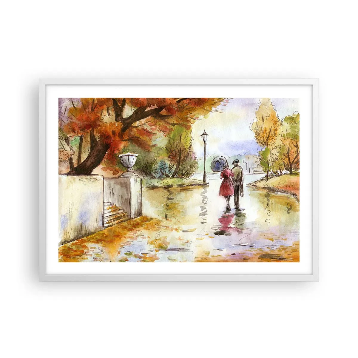 Poster în ramă albă - Toamnă romantică în parc - 70x50 cm