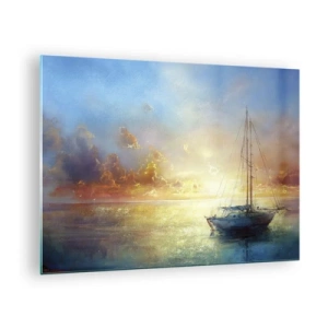 Tablou pe sticlă - O barcă cu pânze pe o mare calmă la un apus de soare auriu - 70x50cm - Într-un golf de aur - Decorațiune modernă pentru perete pentru living și dormitor ARTTOR