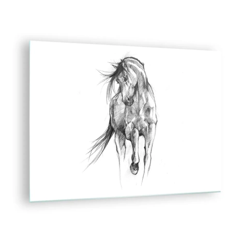 Tablou pe sticlă - O schiță a unui cal în galop într-un stil minimalist - 70x50cm - Într-un trap grațios - Decorațiune modernă pentru perete pentru living și dormitor ARTTOR