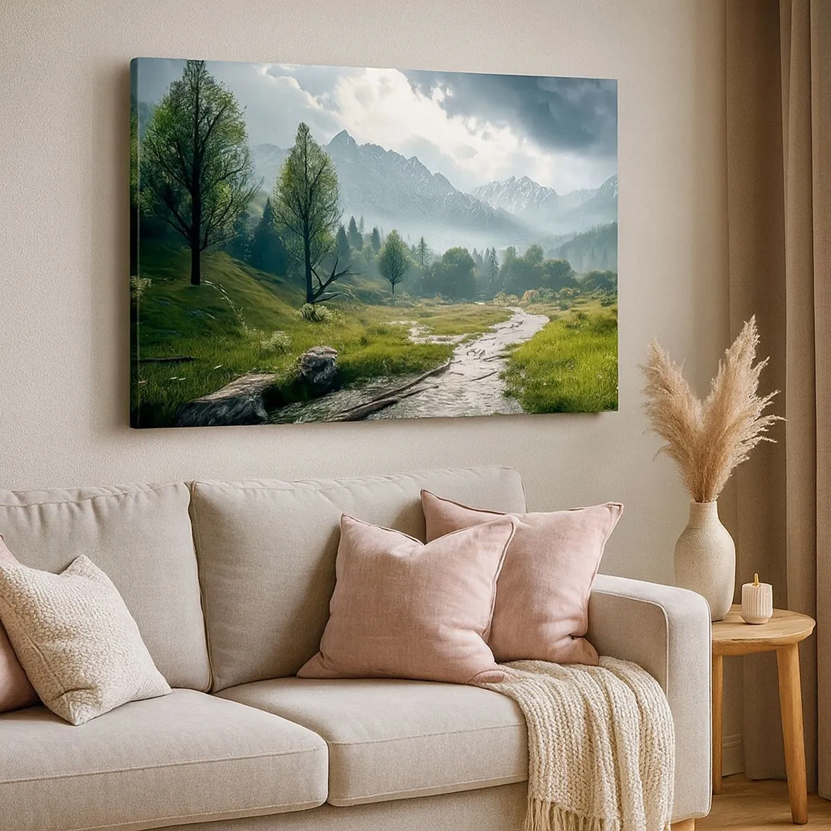 Tablou pe pânză Canvas - Un peisaj montan cu un râu și copaci înconjurat de munți încețoșați - 70x50cm - Până acolo și înapoi - Decorațiune modernă pentru perete pentru living și dormitor ARTTOR