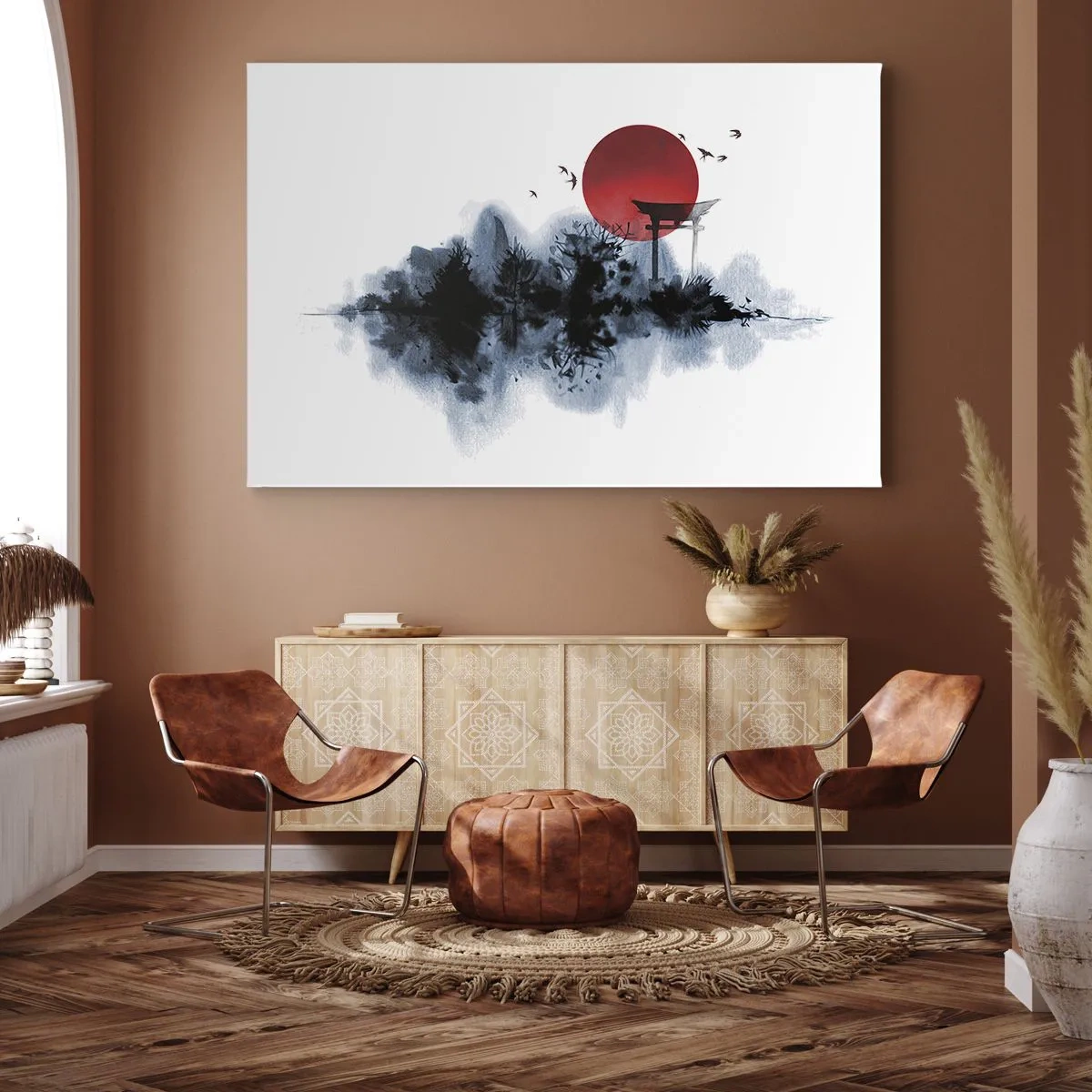 Tablou pe pânză Canvas - Soare roșu peste un peisaj pitoresc cu torii - 70x50cm - O vedere japoneză - Decorațiune modernă pentru perete pentru living și dormitor ARTTOR