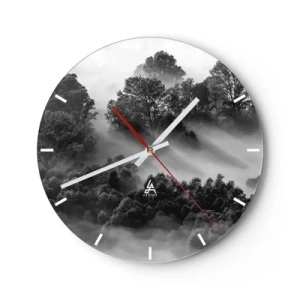 Ceas de perete - Ceas pe sticlă - Peisaj montan alb-negru cu ceață în pădure - 30x30cm - Trezindu-se din somn - Decorațiune modernă pentru perete pentru living, bucătărie și dormitor ARTTOR